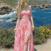 guangzhougaolangshangmao  MOD Vestido romántico de longitud media con estampado floral, camiseta con tirantes y abertura alta en forma de espina de pescado - Multicolor - Ver 7