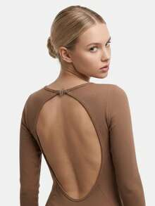 Mono deportivo con espalda descubierta y broche, mono de manga larga para fitness, textura acanalada, adecuado para entrenamiento - Camel - Ver 2