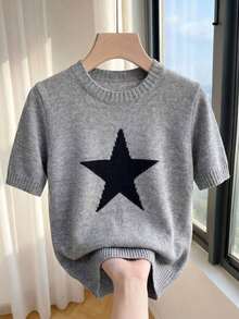 Nueva llegada Primavera/Verano Estilo coreano Casual Suelta Personalizada Blusa de punto de mujer a rayas de color contrastante - Gris - Ver 3