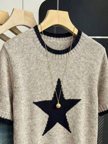 Nueva llegada Primavera/Verano Estilo coreano Casual Suelta Personalizada Blusa de punto de mujer a rayas de color contrastante - Caqui 3 - Ver 8