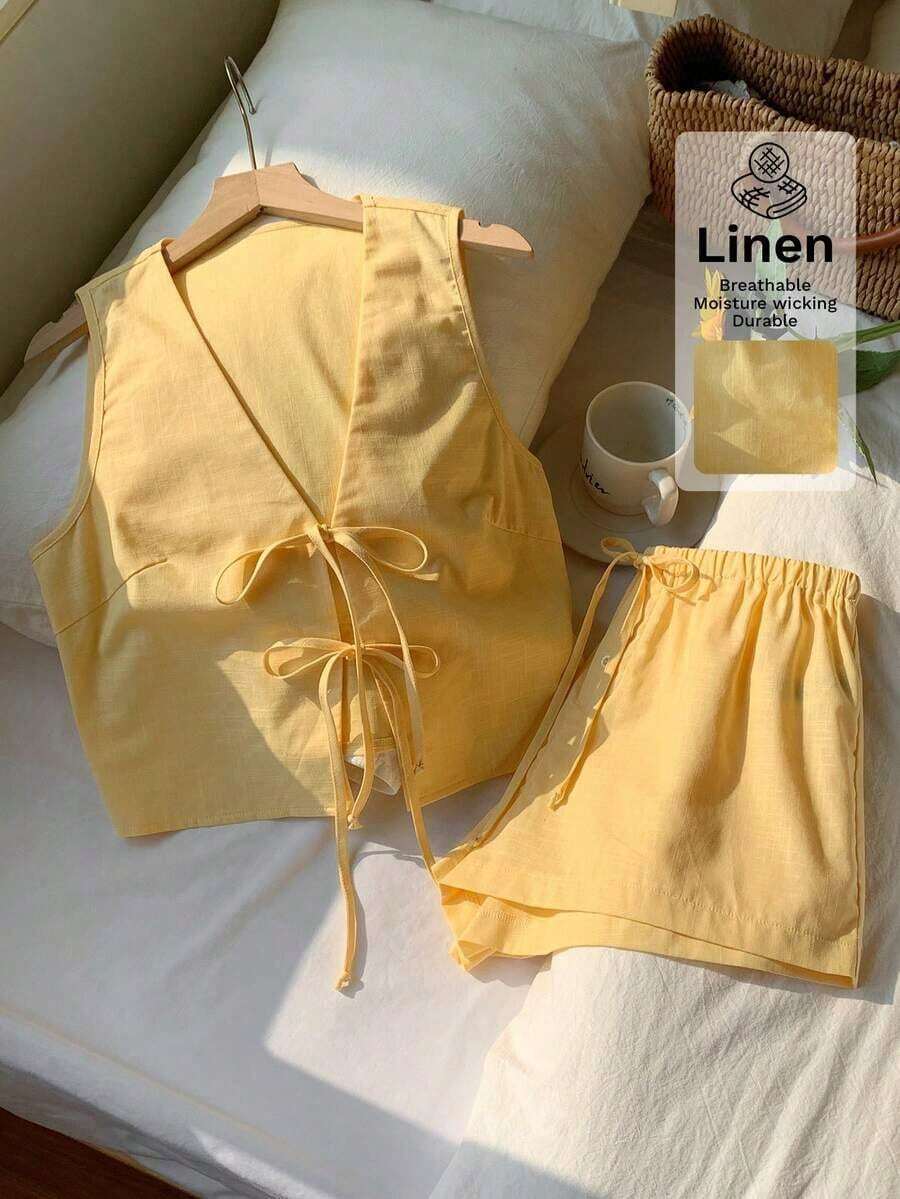 Conjunto casual de 2 piezas de top corto sin mangas con cordones delanteros y shorts para mujer en beige - Amarillo - Ver 1