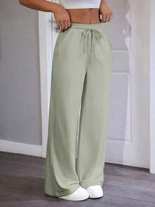 Pantalones de chándal de mujer de punto de unicolor, cómodos y casuales con pierna ancha - verde menta - Ver 5