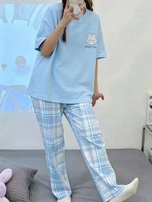 Conjunto de pantalones y blusa de manga corta con estampado de conejo de dibujos animados para niñas adolescentes - Azul - Ver 3