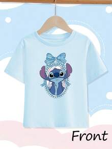 [Authorized] Stitch And Lilo Print Disney Girls' Summer Round Neck Casual T-Shirt For Children, Slightly Stretchy Fabric, Suitable For Birthday Gifts, Perfect For Daily Activities, Sports, And Travel, Summer T-Shirts For Girls - 淺藍色 - 查看 2