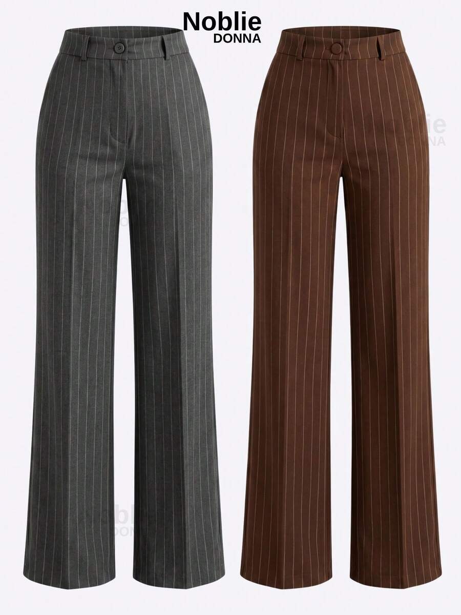 Set Of 2 Tailored Pinstripe Trousers - Elegant Autumn And Winter - 1個黑色 1個棕色 - 查看 1