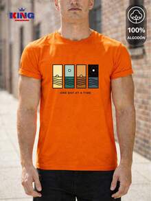 King T-shirt Playera 100% algodón de excelente calidad, esta playera garantiza una suavidad excepcional al tacto, cuello redondo con estampado "One Day At A Time Landscape Panels" y manga corta - Naranja - Ver 1