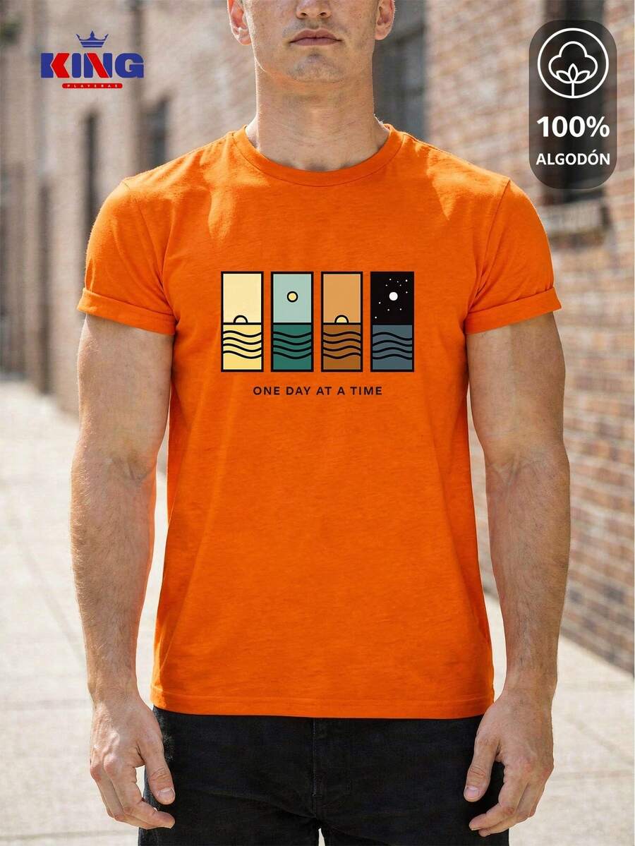 King T-shirt Playera 100% algodón de excelente calidad, esta playera garantiza una suavidad excepcional al tacto, cuello redondo con estampado "One Day At A Time Landscape Panels" y manga corta - Naranja - Ver 1