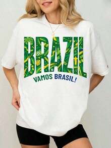 Camiseta Brasil Vamos Brasil, Camiseta de la Selección Nacional de Brasil, Camiseta Orgullo Fútbol Brasileño, Camiseta de Aficionado de la Copa Mundial de Brasil, Camiseta de Manga Corta con Estampado de Letras para Mujer, Estética Y2K - Blanco - Ver 7