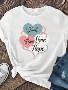% Cotton, 1 Piece, Women's Short Sleeve Shirt With Heart Print, Women's Clothing, Women's Summer Clothing, Casual Short Sleeve T-Shirt, Round Neck Print T-Shirt, Suitable For All Seasons, Can Be Worn As A Base Layer In Spring And Autumn Or Alone In Summer, Unisex, Suitable For Brides, High Quality Cotton Fashion Top. - 白 - 查看 12