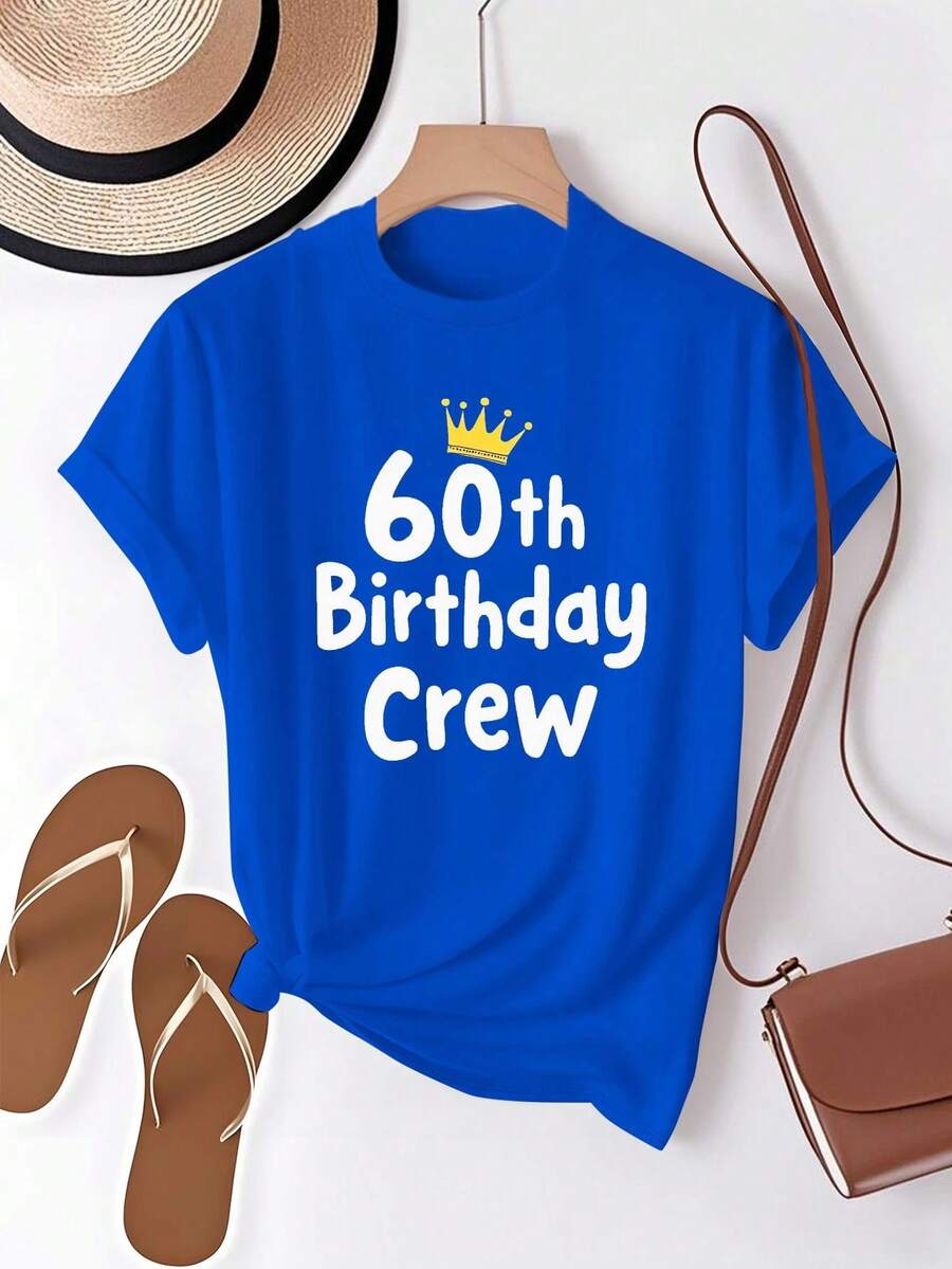 Women's T-Shirt With Crown For 60th Birthday - 60th Anniversary Number 60, Slim-Fit Pure Cotton Casual Wear, Everyday Casual Outfit - 60th Birthday Celebration Gift, Casual Blouse For Women - 藍色 - 查看 1
