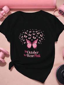 Camiseta de Mujer Rosa con Mariposas, Camiseta Deportiva de Manga Corta para Mujer Talla Grande - Negro - Ver 1