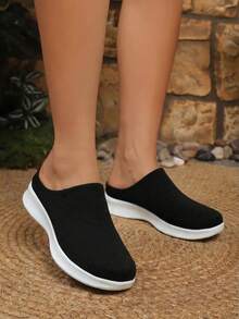 女士针织套脚穆勒鞋 透气无后跟运动鞋 厚底休闲步行鞋 - nr1005黑白 - 查看 3