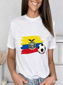 1 pieza Camiseta de manga corta extragrande negra unisex para mujer, imprescindible para la primavera, con estampado de la bandera nacional de Ecuador y un balón de fútbol, estilo patriótico para aficionados al fútbol ecuatoriano, Copa Mundial 2026, impresión de alta calidad, top informal para ver partidos el día del juego. 
     Camiseta Casual de Cuello Redondo para Uso Diario y Vacaciones, Ropa de Verano para Mujer: Camisetas de Estilo Retro para Mujer, Perfectas para Festivales y Eventos, 180g Algodón 100% - Blanco - Ver 1