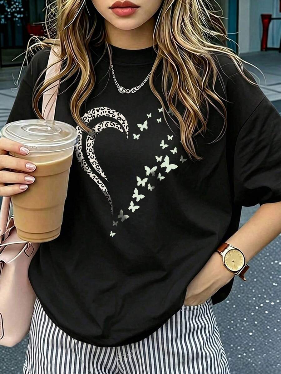 Women's Crew Neck Short Sleeve Basic Tee, Soft Skin Friendly Fabric Casual Daily Streetwear All Match Top - Black - View 1