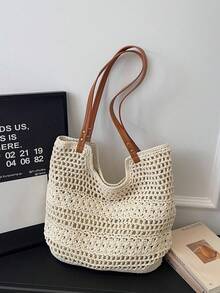 Dedoo Women's Handmade Woven Grandma Plaid Patchwork Large Capacity Tote Bag - Beige - View 4