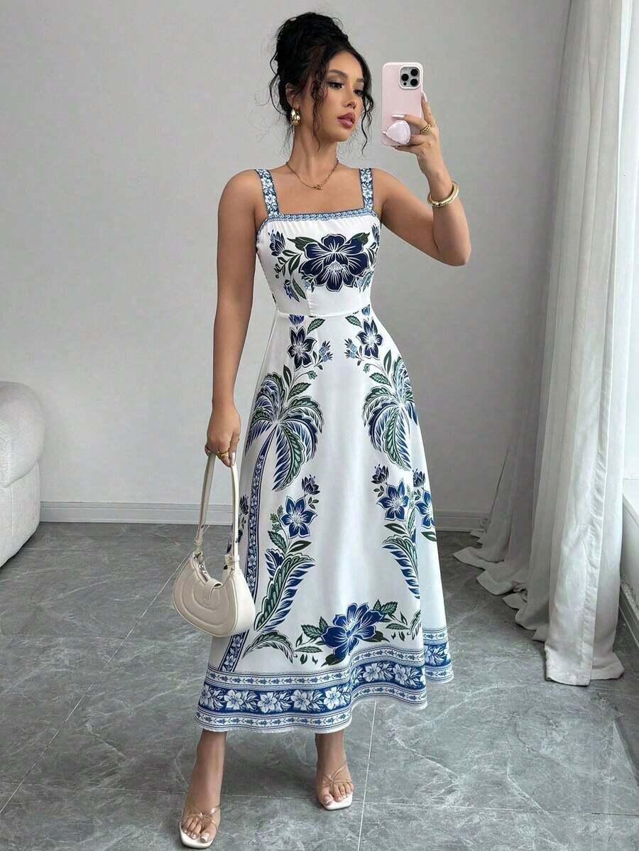 Vestido de tirantes finos con estampado localizado y silueta de línea A para mujer, ideal para el verano - Azul y blanco - Ver 1