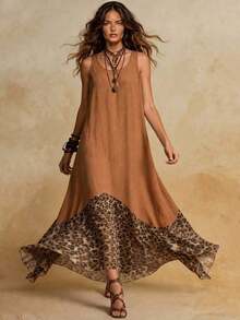 Vestido de mujer estilo retro y vintage con estampado de leopardo bohemio, elegante para vacaciones de verano y festivales de música - Marrón - Ver 1