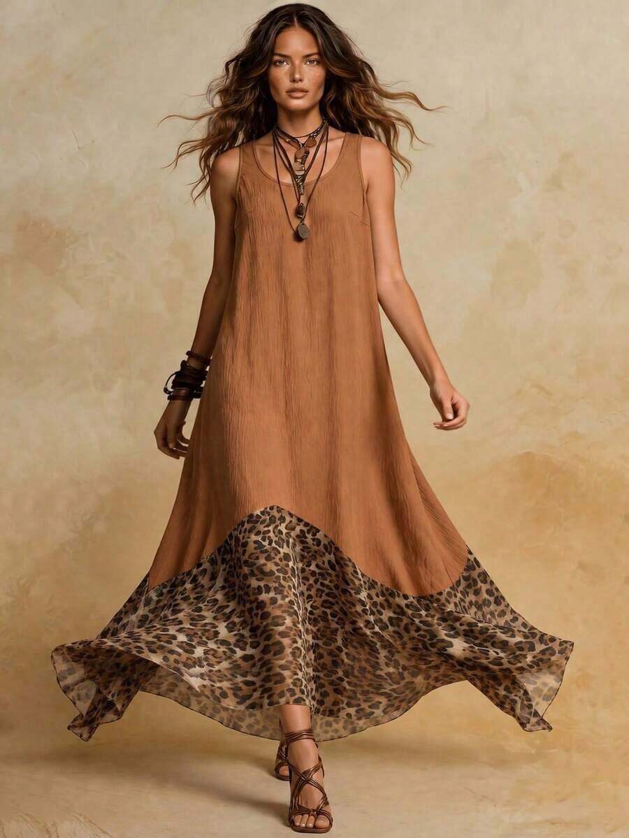 Vestido de mujer estilo retro y vintage con estampado de leopardo bohemio, elegante para vacaciones de verano y festivales de música - Marrón - Ver 1