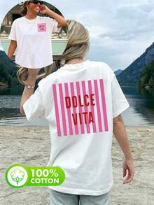 大码女式街头风 100% 纯棉 Dursevita 字母条纹图案圆领短袖休闲夏季白色T恤 - 白色 - 查看 5