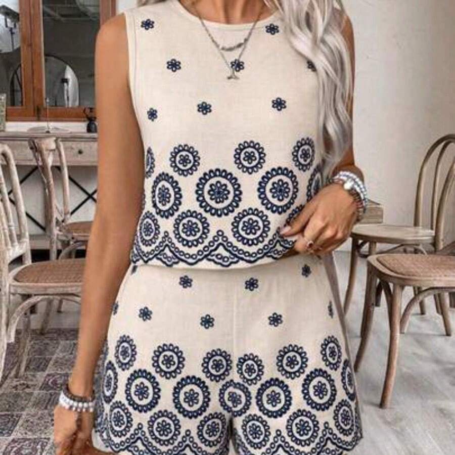 Soqi Women's Clothing Holidaya Vestido estampado sin mangas de cuello redondo de tela tipo lino para vacaciones - Albaricoque - Ver 1