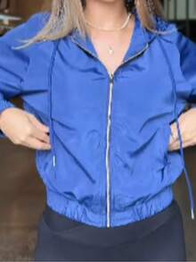 Women's Bomber Jacket, Lined, Colorful, With Hood, Pockets, And Zipper - Azul Marino - Ver 1