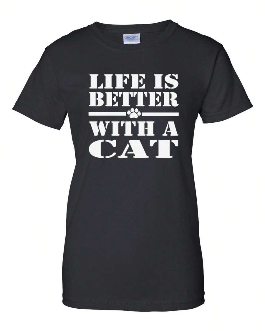 Limited Time Offer Limited Time Purchase Print T-Shirts Funny T-Shirt Women's Letter Oversized T-Shirts Casual T-Shirts For Women Commemorative T-Shirt Cotton T-Shirts For Women New Season Products Women's Life Is Better With A Cat Shirt – Funny Cat Lover Tee, Pet T-Shirt YRPQ - Black - View 1