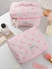 1 Piece/Set Floral And Bow Print Balletcore Travel Cosmetic Bag With Large Capacity, Makeup Bag, Cosmetic Bag, Toiletry Bag, Travel Packaging, Travel Accessories, Cruise Accessories, Student Dorm Accessories, Bridesmaid Gifts, Mother's Day Gifts, Birthday Gifts, Gifts For Friends And Teachers, Home Decor, Bedroom Decor, Jewelry Organizer, Lip Care Organizer, Nail Polish Organizer - Multicolor - View 17