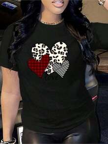 1 Piece Women's Casual Short Sleeve T-Shirt - Leopard Print, Plaid, Stripes And Hearts, Round Neck, Spring And Summer Top, Machine Washable, Gift For Mom Or Girlfriend, Fashion Print T-Shirt, Comfortable Fit, 180g, 100% Cotton. - 黑色 - 查看 12