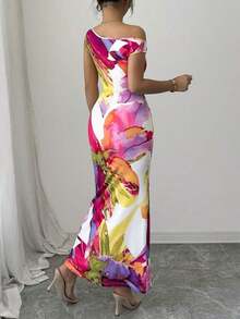 1 pieza Vestido ajustado con estampado floral y cintura ceñida en el hombro oblicuo - Rosa - Ver 8