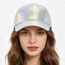 1 Buah Topi Baseball Reflektif Holografik Pelangi Mengkilap, Kulit PU Mengkilap Metalik, Topi dengan Visor Melengkung yang Dapat Diatur untuk Pesta Rave, Festival, Klub, dan Pakaian Sehari-hari - Perak - View 5