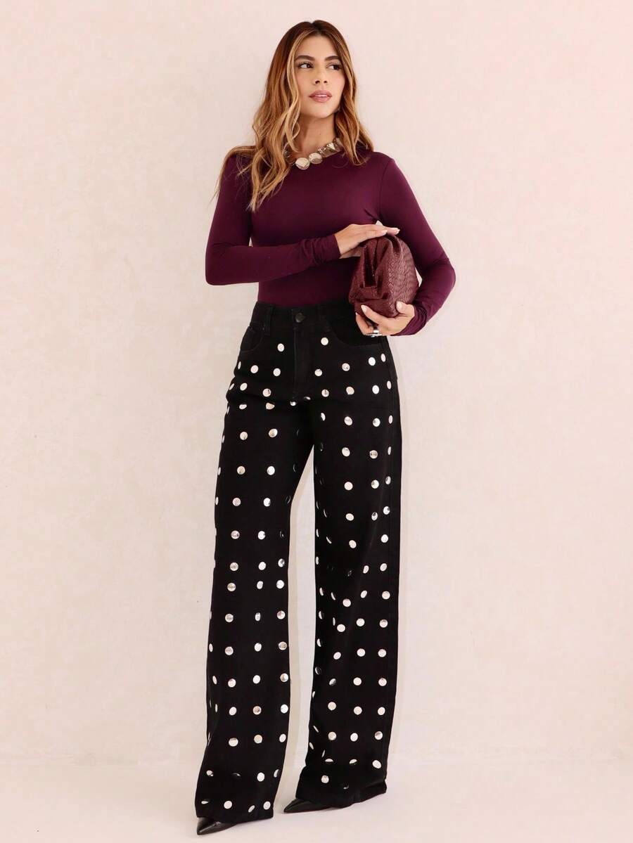 Women's Wide Leg Metal Jeans - màu đen - Xem 1