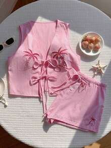 Conjunto casual de 2 piezas de top corto sin mangas con cordones delanteros y shorts para mujer en beige - Rosa - Ver 7