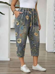 Mature Denim Pantalones capri casuales de mezclilla holgados con bolsillos y atar a la cintura para mujer de talla grande - Multicolor - Ver 3