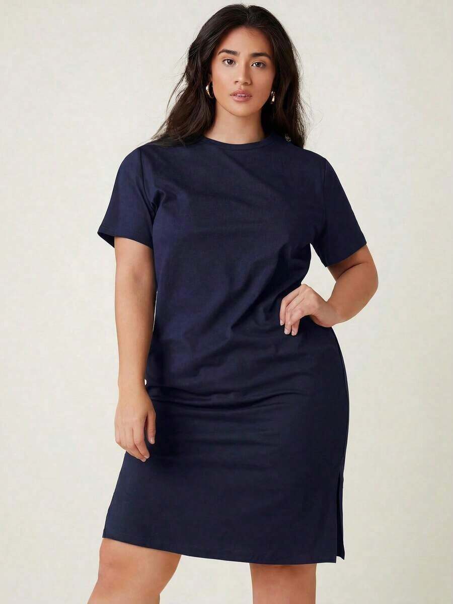 Vestido casual para cena y citas de tallas grandes con abertura lateral y color sólido - Azul marino - Ver 1