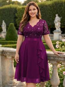 Plus Size Elegant Sequin Lace V-Neck Chiffon Ruffle Trim Evening Party Full Skirt, Wedding Guest Dress, Summer Dress, Suitable For Birthday, Graduation Ceremony, Dinner - Maroon - View 10