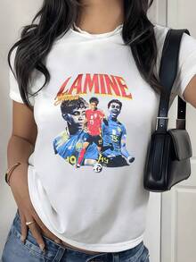 Celebra la gloria futbolística con esta camiseta de mujer que presenta a los talentosos jugadores  y Gavi en plena acción, vistiendo las icónicas camisetas de sus equipos nacionales, rodeados por el espíritu de victoria y el número 19 que simboliza su juventud y promesa en el deporte rey, un homenaje perfecto para verdaderas aficionados. - Blanco - Ver 8