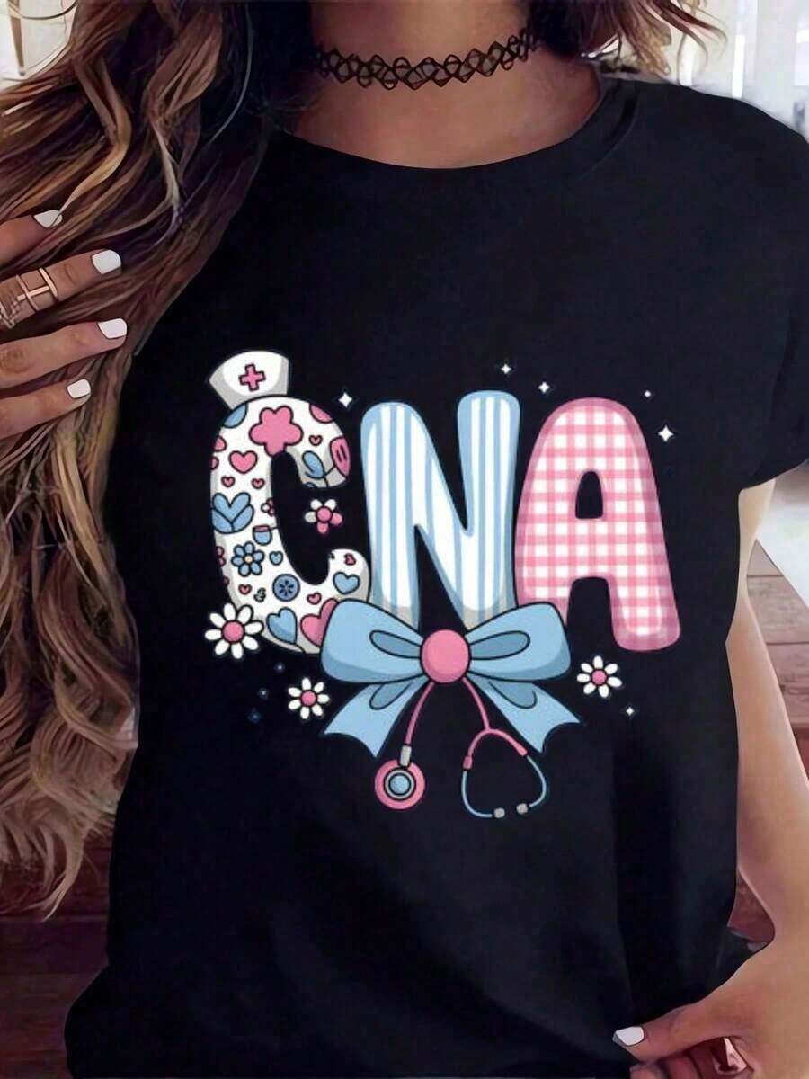 Camiseta de Enfermera CNA para Mujer, Linda Camiseta Médica con Diseño de Lazo y Estetoscopio, Perfecta para Asistentes de Enfermería Certificados, Trabajadores de la Salud, Día de la Enfermera o Regalo para Profesionales Médicos.Transpirable y cómoda. - Negro - Ver 1