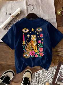 Camiseta Casual de Talla Grande para Mujer con Estampado de Tigre Misterioso - Surrealismo - Azul Marino - Ver 3