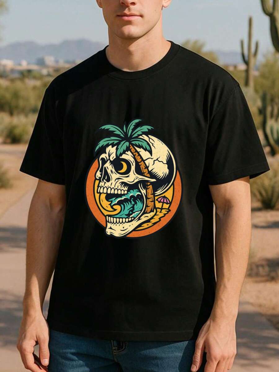 Camiseta de manga corta para hombre con estampado de calavera, ola, atardecer y palmera, holgada, cuello redondo, cómoda y única, ideal para gamers y fiestas temáticas, juegos de equipo, fabricada con pura fibra, lavable a máquina - Negro - Ver 1