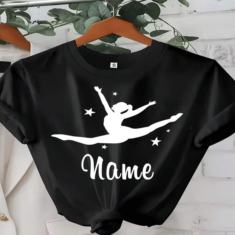 Camiseta informal de mujer de manga corta, cuello redondo, color negro, de algodón, con estampado de bailarina, largo regular, tejido ligeramente elástico. - Negro - Ver 1