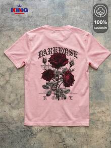 King T-shirt Playera 100% algodón de excelente calidad, esta playera garantiza una suavidad excepcional al tacto, cuello redondo con estampado "Dark Rose Gothic Floral" y manga corta - Rosa - Ver 2
