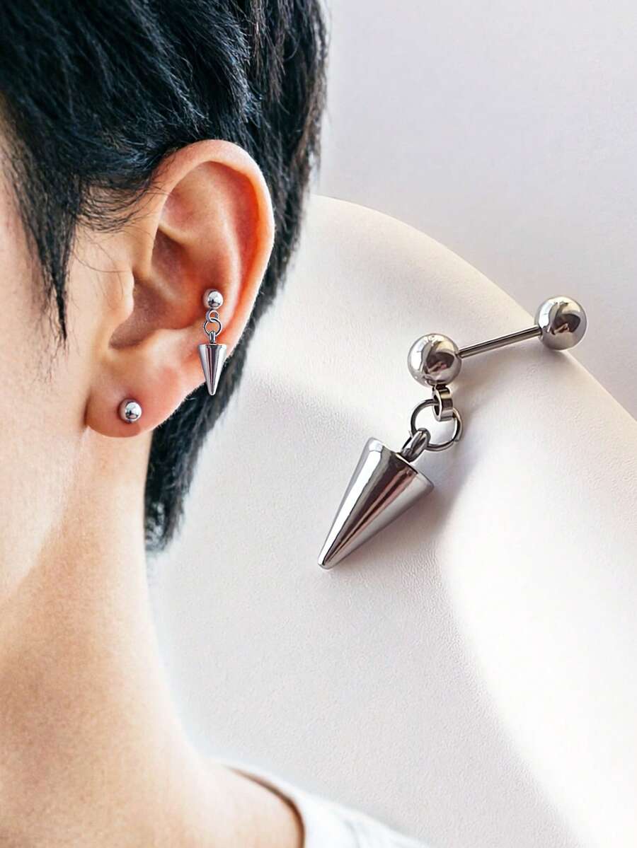 1 chiếc khuyên tai hình nón bằng thép không gỉ, khuyên tai dạng kẹp không gây dị ứng dành cho nam giới - Bạc - Xem 1