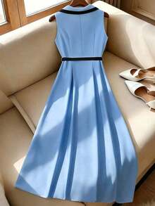 Vestido midi ajustado con botones, cintura ceñida, cuello de solapa, elegante y vintage, en color albaricoque/negro, de tela de calidad, adecuado para primavera/verano y uso diario - Multicolor 5 - Ver 2
