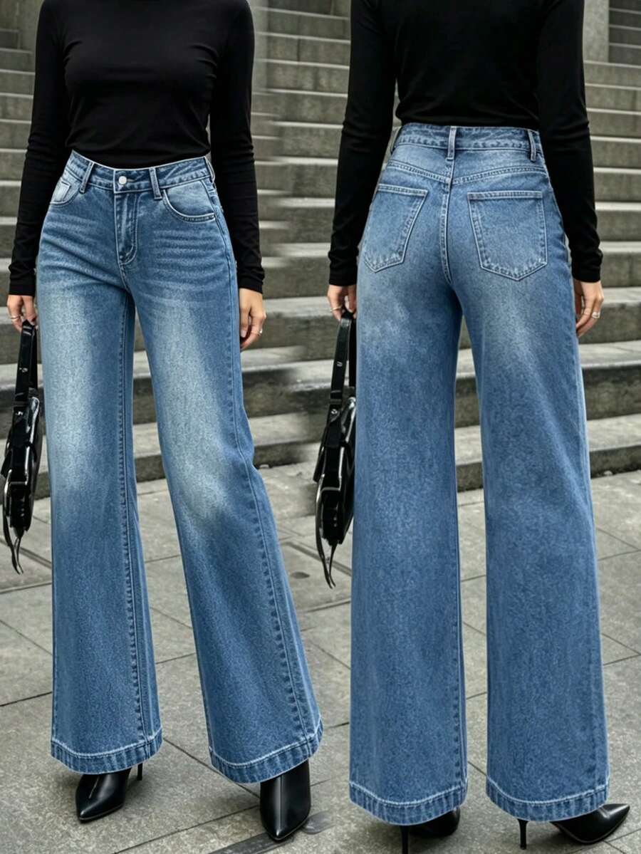 Bohemian Style Women's Long Flare Leg Jeans, Washed Stretchy Fabric, Creates Cute Casual Daily Spring