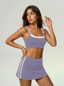 UONNOU Tennis Skirt Shorts Workout Set, Fake Two-Piece Color Block Sports Bra - Violet Purple - View 6