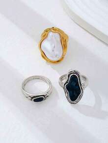3 Pcs Imitation Baroque Pearl Ring Set For Women, Gold & Silver Plated Stackable Statement Rings With Fresh Water Pearl Dangling, Minimalist Basic Design Jewelry For Daily And Party Wear - Multicolor - View 4