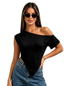 Womens Off One Shoulder Tops Solid Color Slim Fit Short Sleeve Asymmetrical Pointed Hem T-Shirt - Negro - Ver 2