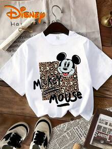 Disney Official Licensed Mickey Mouse Head On Leopard Print Background T-Shirt For Women, Animal Print Graphic Tee, 100% Cotton Oversized Casual Top - White - View 1