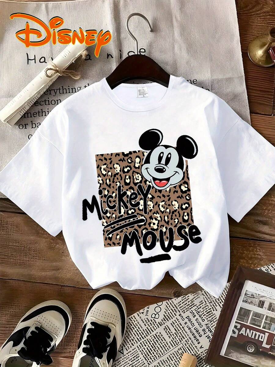 Disney Official Licensed Mickey Mouse Head On Leopard Print Background T-Shirt For Women, Animal Print Graphic Tee, 100% Cotton Oversized Casual Top - White - View 1