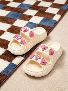 Girls' EVA Thick Sole Beige Sandals, Comfortable Lightweight Heart Rhinestone Home Slippers For Summer - Beige - View 5